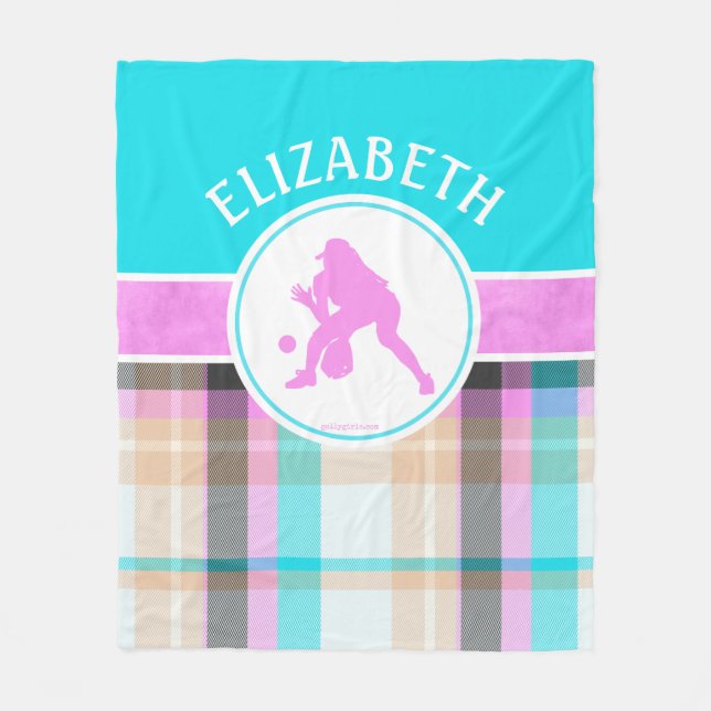 Girl's Softball Summer Tartan With Monogram Fleece Blanket (Front)
