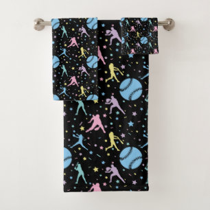 Girls Softball - Women Players with Stars Bath Towel Set