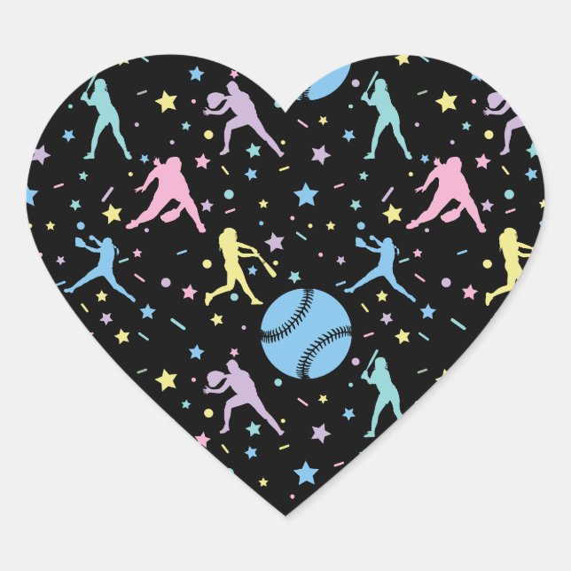 Girls Softball - Women Players with Stars Heart Sticker (Front)
