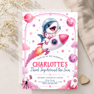 Girls Space Shark 3rd Birthday Party Invitation