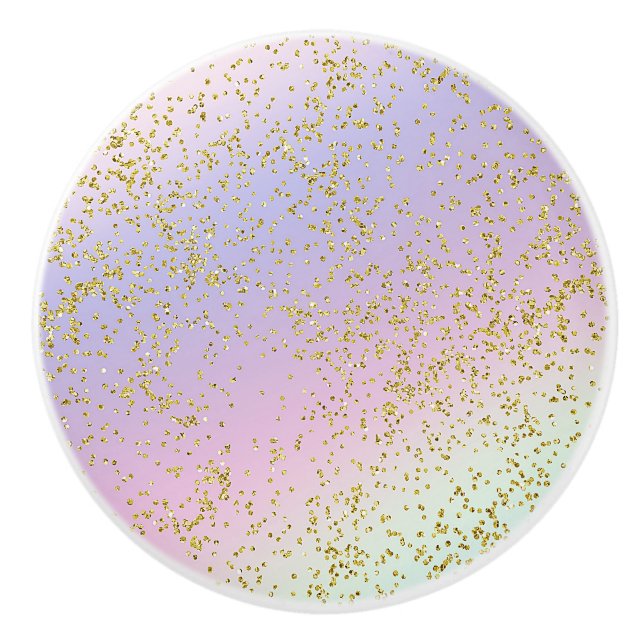 Girls Sparkle Rainbow Pastel Gold Glitter Fantasy Ceramic Knob (Front)