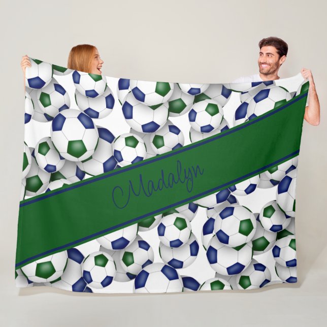 girls sports blue green soccer balls pattern  fleece blanket (In Situ)