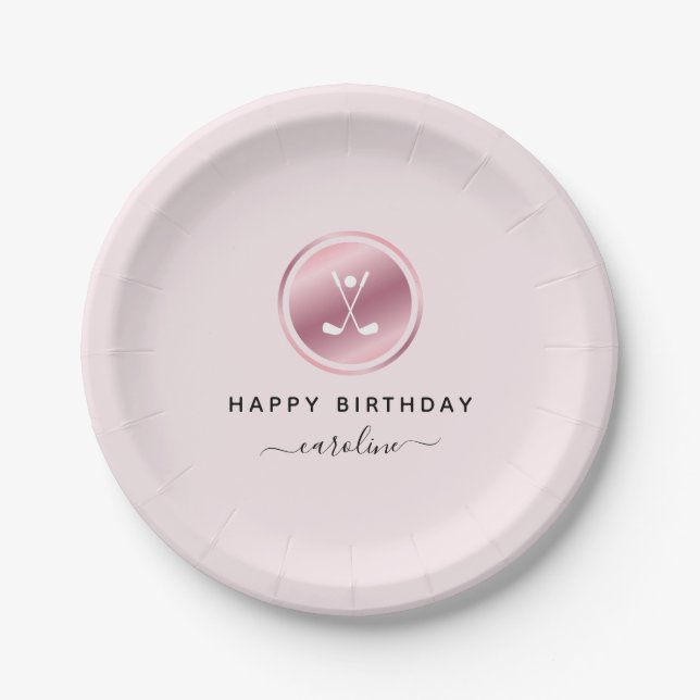 Girls Sports Golf Pink Rose Gold Golfer's Name   Paper Plate (Front)
