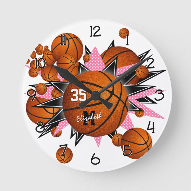girls sports room decor basketballs stars round clock (Front)
