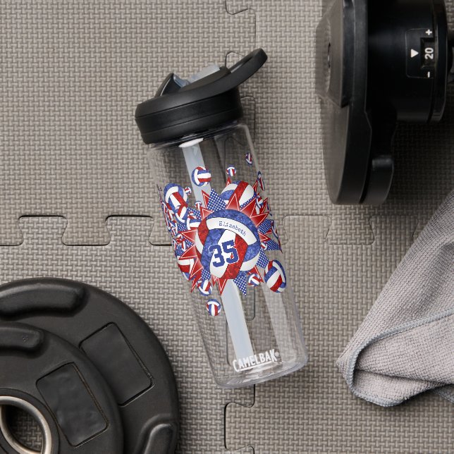 girls sporty red white blue volleyballs stars  water bottle (Gym)