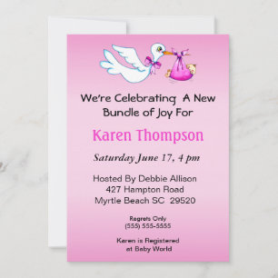 Girls Stork Baby Shower Invitation