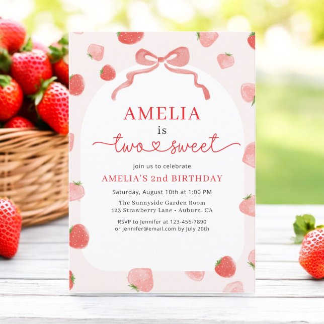 Girl's Strawberry Two Sweet Bow 2nd Birthday Invitation (Creator Uploaded)