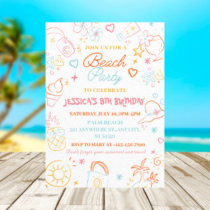 Girls Summer party  Colourful Beach Birthday Invitation