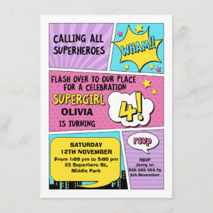 Girls Superhero 4e anniversaire Invitation