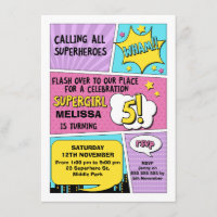 Girls Superhero 5th Birthday Invitation
