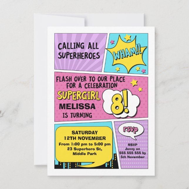 Girls Superhero 8th Birthday Invitation (Front)