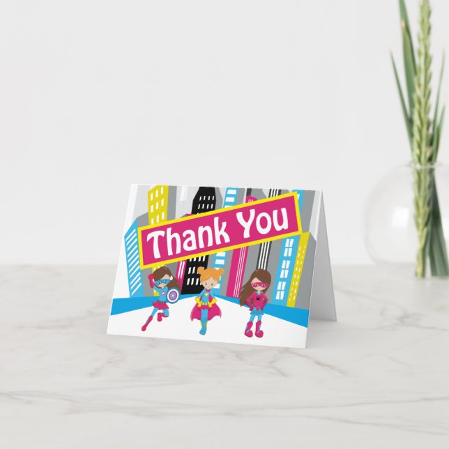 Girls Superhero Anniversaire Merci Cartes (Devant)