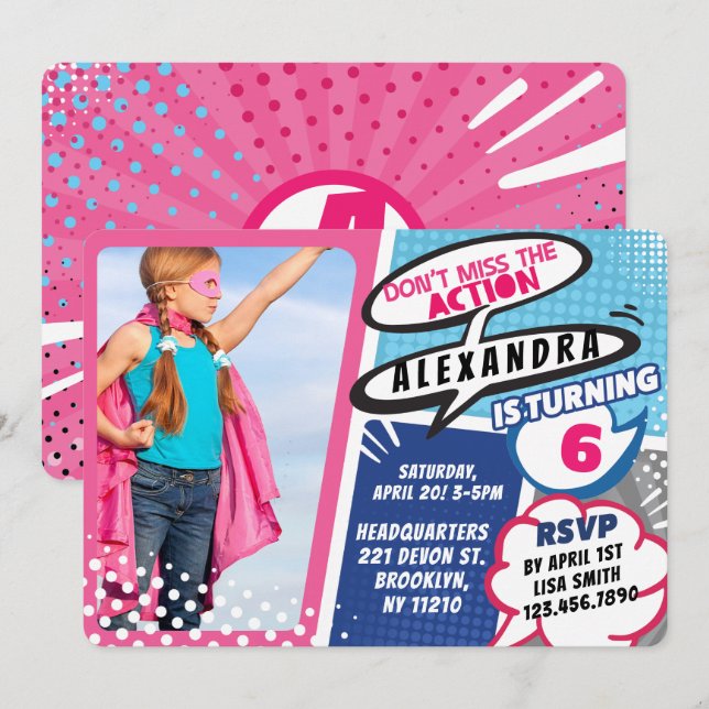 Girl's Superhero Comic Photo Birthday Invitation (Front/Back)