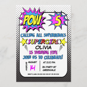 Girls Superhero Invitation de fête du 5e anniversa
