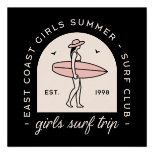 Girls surf trip surfing club besties retro black poster
