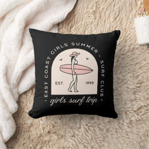 Girls surf trip surfing summer retro black pink throw pillow