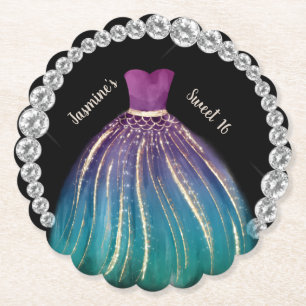 Girls Sweet 16 Ombre Dress and Rhinestones Paper Coaster