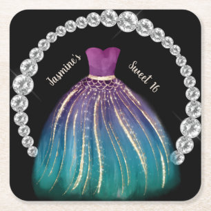 Girls Sweet 16 Ombre Dress and Rhinestones   Square Paper Coaster
