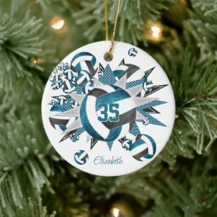 girls teal black volleyballs stars keepsake ceramic ornament