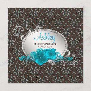 Girls Teal Blue Brown Fleur De Lis Graduation Invitation