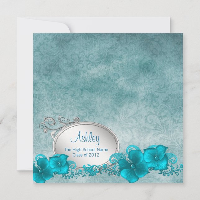 Girls Teal Blue Damask Graduation Announcements (Front)