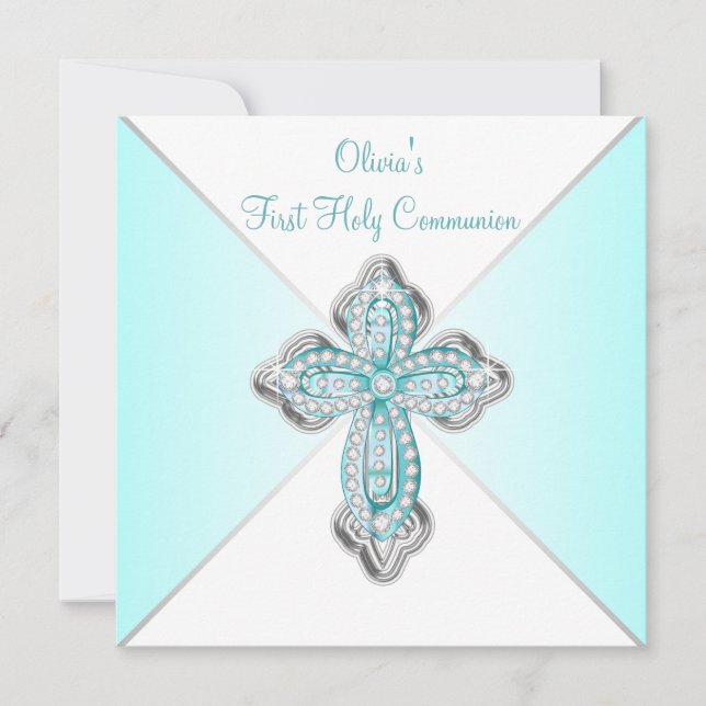 Girls Teal Blue First Communion Invitation (Front)