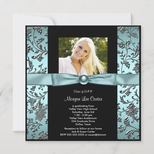 Girls Teal Blue Photo Graduation Invitation (Front)