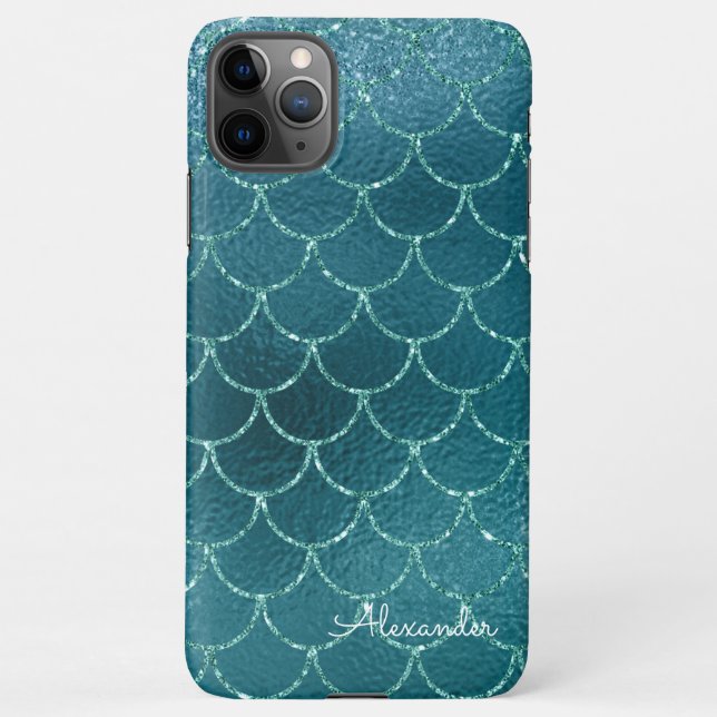 Girls Teal Turquoise Mermaid Scales Monogram Named iPhone Case (Back)