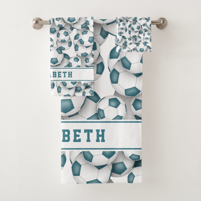 Girls teal white soccer balls pattern personalized bath towel set (Insitu)