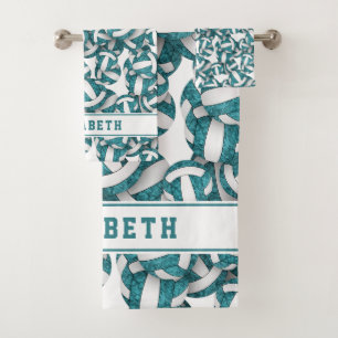 Girls teal white volleyballs pattern personalized bath towel set