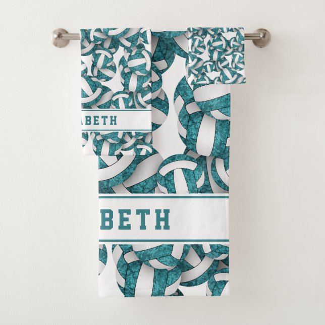 Girls teal white volleyballs pattern personalized bath towel set (Insitu)