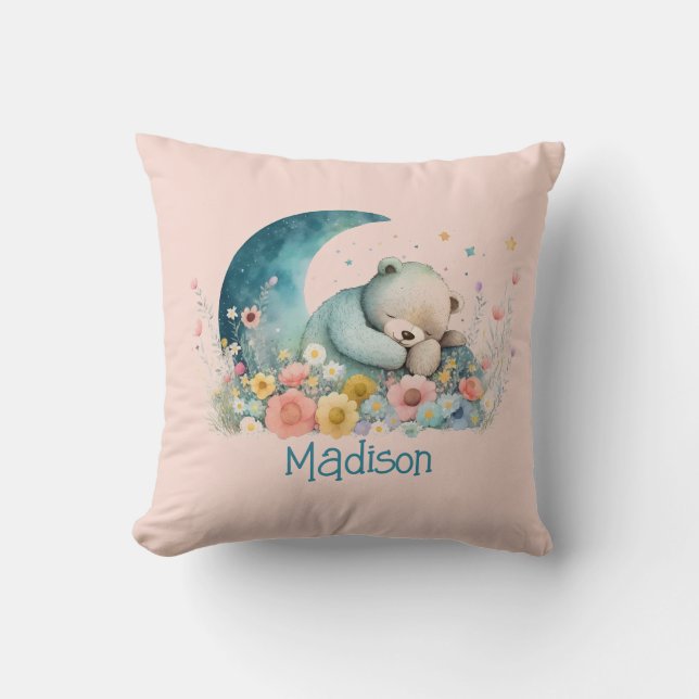 Girls Teddy Bear Wildflowers Moon Personalized Throw Pillow (Front)