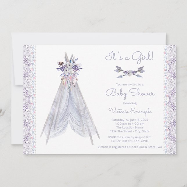 Girls TeePee Baby Shower Invitation Lavender Lace (Front)