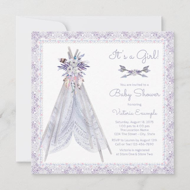 Girls TeePee Baby Shower Invitation Lavender Lace (Front)