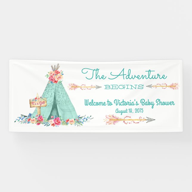 Girls TeePee Boho Tribal Baby Shower Banner (Horizontal)