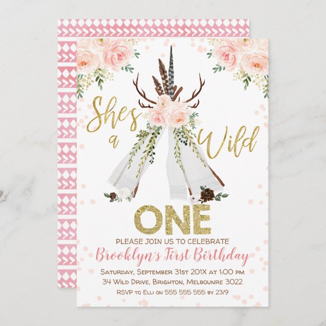 Girl's Teepee Wild One First Birthday Invitation (Front/Back)