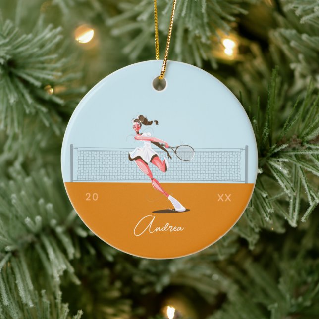 Girl's Tennis Player Cartoon Name & Year Dated  Ceramic Ornament (Tree)