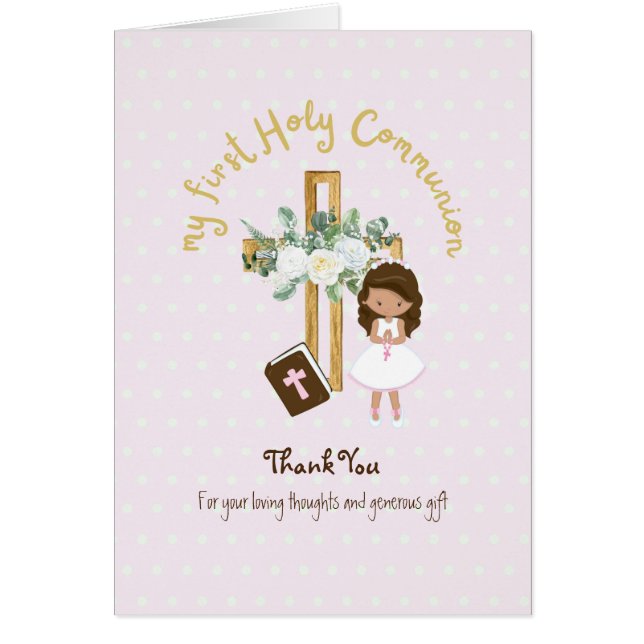 Girl's Thank You Holy Communion Card - Brunette (Front)