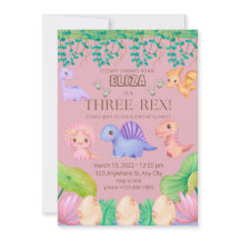 Girls Three-Rex Third Birthday Party Invitation