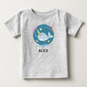 Girls Trendy and Cute Rainbow Narwhal and Name Baby T-Shirt