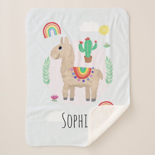 Girls Trendy and Modern Rainbow Llama Alpaca Sherpa Blanket (Front)