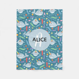 Girls Trendy Narwhal Pattern Monogram & Name Kids Fleece Blanket