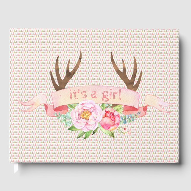 Girls Tribal Antler Boho Baby Shower Guest Book (Front)