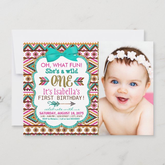 Girls Tribal First 1st Birthday Party Invitation (Front)