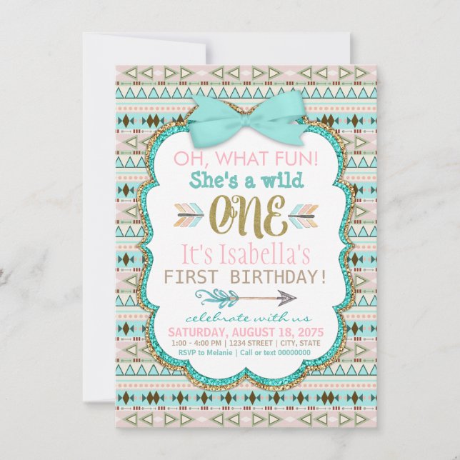 Girls Tribal First Birthday Party Invitation (Front)