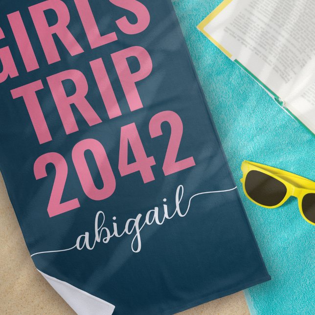 Girls' Trip 2024 Blue Pink Calligraphy Monogram Beach Towel (Creator Uploaded)
