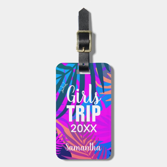 Girls Trip 20XX, Tropical Colourful Leaves Luggage Tag (Front Vertical)