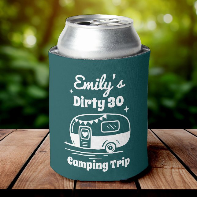 Girl's Trip Bachelorette Birthday Party Camping Can Cooler (A green can cooler featuring the phrase "Dirty 30 Camping Trip", with a cute camper van)