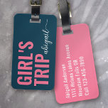 Girl's Trip Blue Pink Calligraphy Monogram Luggage Tag<br><div class="desc">Liven up your luggage with this personalized design that's perfect for travellers</div>