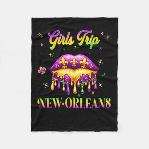 Girls Trip New Orleans Mardi Gras Lips Beads Carni Fleece Blanket